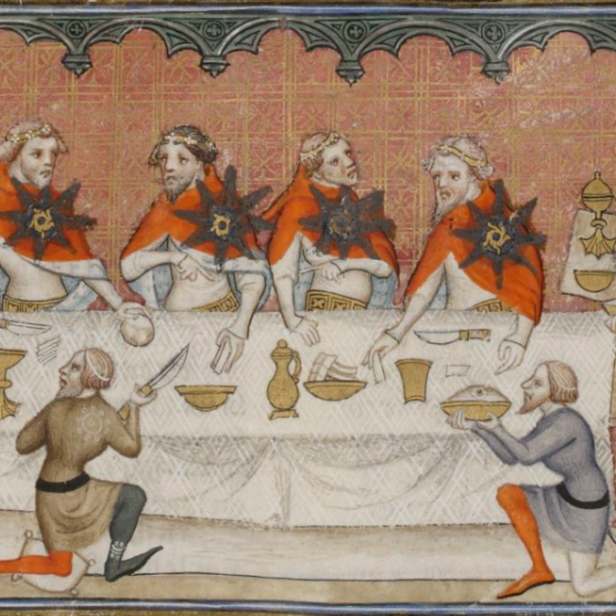 Maître du couronnement de Charles VI, Le banquet des chevaliers de l’ordre de l’Étoile à la Noble Maison, enluminure, 1370-1379, Grandes chroniques de France, Bibliothèque nationale de France, manuscrit 2813, f. 394