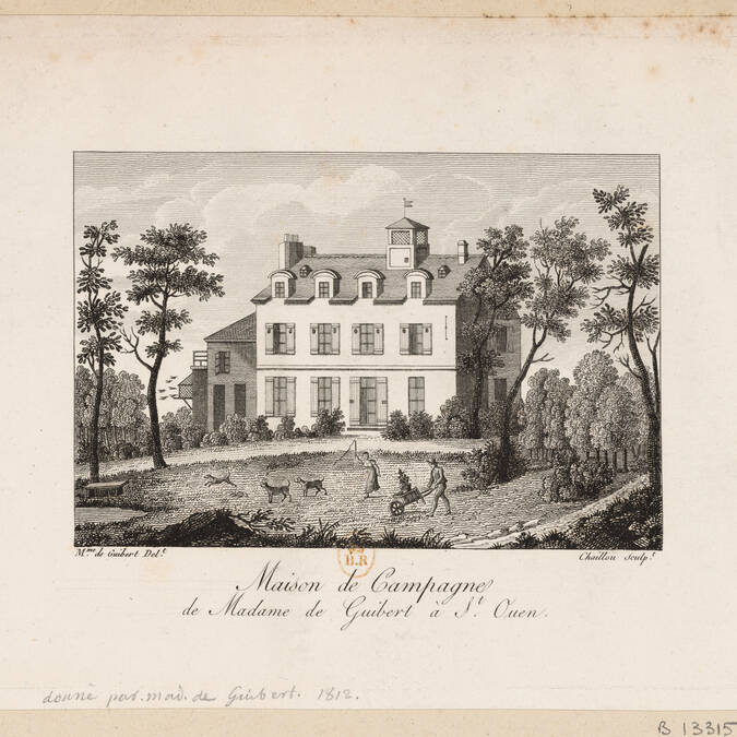 Louise-Alexandrine de Guibert et Chaillou, Maison de campagne de Mme de Guibert à Saint-Ouen, gravure, vers 1812, Bibliothèque nationale de France, Va 93, t. 4, B 13315